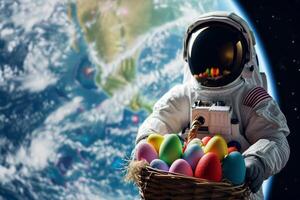 AI generated A space astronaut hold Easter eggs in basket. earth planet background. Generative ai photo