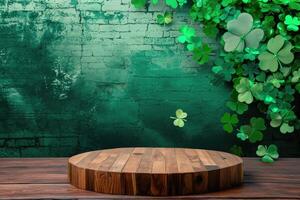 AI generated St. Patrick's Day concept. wooden table in front of shamrock leaf background . Generative Ai. photo