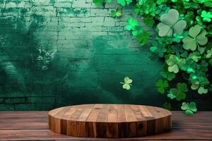 AI generated St. Patrick's Day concept. wooden table in front of shamrock leaf background . Generative Ai. photo