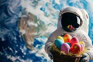 AI generated A space astronaut hold Easter eggs in basket. earth planet background. Generative ai photo