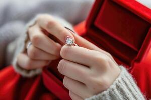 AI generated diamond ring in red box in woman hand on . ai generative photo