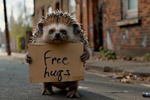 AI generated a hedgehog with Free hugs banner amused , generative ai photo