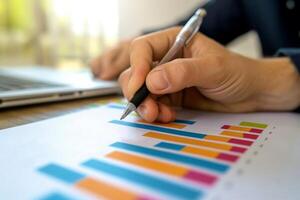 AI generated close up hand Businessman review report. Graphs and charts. Business reports concept Ai generated photo