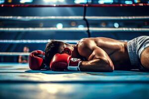 ai generado un Boxer hombre caídas golpeado fuera tko. derrota en batalla. ai generativo foto