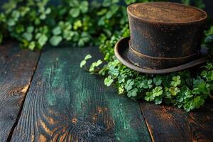 AI generated St. Patrick's Day concept. wooden table in front of shamrock leaf background . Generative Ai. photo