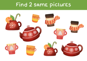 Cartoon cute cups, drinks, kettle. Find two same pictures. Educational game for children. Activity for preschool children with matching objects and finding 2 identical. Printable worksheet png