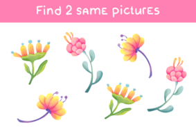 Cartoon funny flowers. Find two same pictures. Educational game for children. Activity for preschool children with matching objects and finding 2 identical. Printable worksheet png