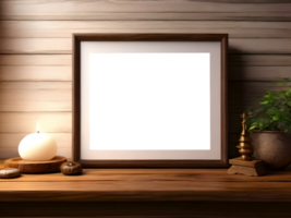 AI generated mockup with wooden beige empty photo frame and ceramic, clay vase with dried flowers. objects stand on light table against brown, natural wall. decor of modern minimalist interior. png