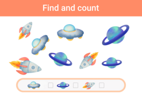 Find all cute spaceships, rockets, planets, flying saucers, Count number and write right answer. Space educational math game for preschool children. study methematics page, nursery childish activity png