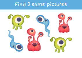 Cartoon funny aliens. Find two same pictures. Educational game for children. Activity for preschool children with matching objects and finding 2 identical. Printable worksheet png