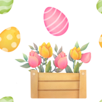 senza soluzione di continuità modello con fiori, rami, uova. contento Pasqua saluto carta. luminosa carino clipart, pasquale illustrazione su trasparente sfondo nel acquerello stile. cristiano Chiesa vacanza Pasqua png