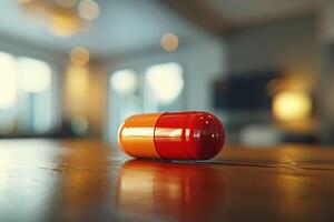 AI generated a glass of water on wooden table next to a pill.ai generative photo