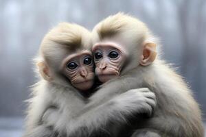 AI generated Mother monkey with her monkey child hug together in shinning light. Generative AI photo