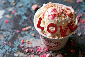 ai generado un hielo crema taza con amor palabra para enamorado concepto . generativo ai foto