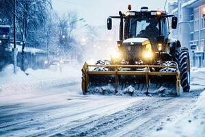 AI generated Tractor with Snow Plow Attachment Clearing Snow on Winter . Generative AI photo