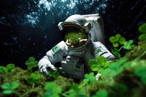 AI generated An astronaut holding a shamrock Patrick leaf on the moon, . Generative AI. photo