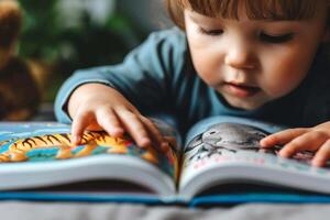 ai generado linda niños bebé leyendo libro . educación aprendizaje concepto. ai generativo foto