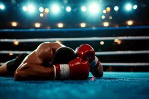 ai generado un Boxer hombre caídas golpeado fuera tko. derrota en batalla. ai generativo foto