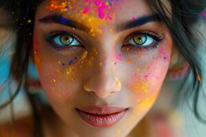 ai generado holi festival, retrato de un joven mujer en vistoso polvo explosión. generativo ai. foto