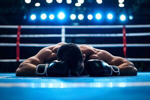 ai generado un Boxer hombre caídas golpeado fuera tko. derrota en batalla. ai generativo foto