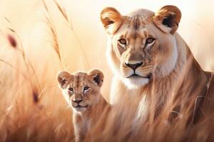 AI generated Mother love between lovely a lion and a cub created. generative ai photo