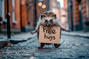 AI generated a hedgehog with Free hugs banner amused , generative ai photo