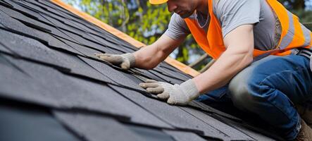 AI generated Construction worker hands working on roof tiles installation closeup. Generative AI photo