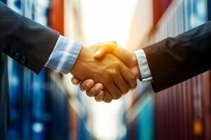 AI generated businessman handshake of business deal with logistic. Generative AI. photo
