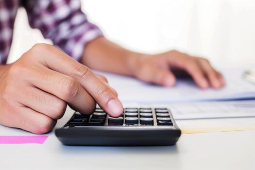 AI generated Financial data analyzing counting concept for Businessman's hands with calculator and laptop on desk in modern office. Generative AI photo