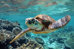 ai generado mar Tortuga nada debajo agua. generativo ai. foto