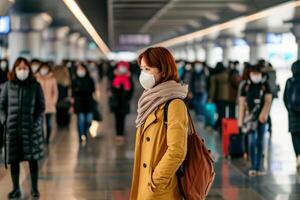 ai generado personas de viaje línea arriba aparte a aeropuerto con cara máscara - generativo ai foto