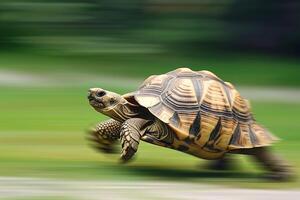 ai generado un Tortuga ese rápido carreras en difuminar antecedentes .generativo ai foto