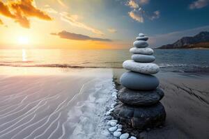 ai generado un apilar de rocas sentado en parte superior de un pila de rocas en día y noche antecedentes . generativo ai foto