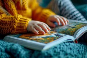 ai generado linda niños bebé leyendo libro . educación aprendizaje concepto. ai generativo foto