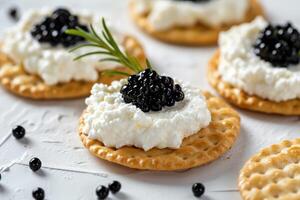 AI generated crackers with cream cheese and black caviar, white backgroud. Generative AI. photo