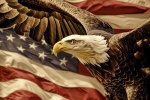 AI generated Illustration of an eagle on the background of the American flag closeup. Ai generation photo