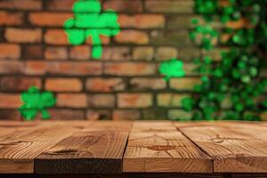 AI generated St. Patrick's Day concept. wooden table in front of shamrock leaf background . Generative Ai. photo