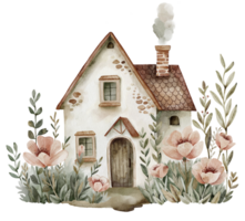 Watercolor cottage with flowers. Hand painted illustration png