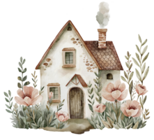 aquarelle chalet avec fleurs. main peint illustration png