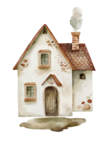 Watercolor white house with chimney in cartoon style. Hand painted png