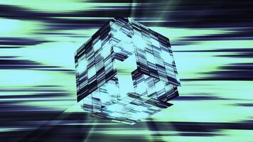 brillante cubo abre en ciberespacio. movimiento. virtual 3d cubo abre como premio en juego. vacío cubo brilla y parpadea brillantemente en virtual juego foto