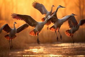 AI generated A flock of Sandhill Cranes during their fall migration. AI generative photo