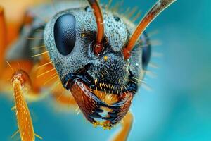 AI generated Ant face and head photo. Extreme macro close up portrait of an ant. Red and black ant. Generative AI. photo