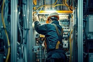 AI generated electrical engineer checks the voltage of the electrical at the terminal in the main distribution board . AI generative photo