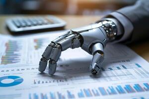 AI generated a robot hand review report. Graphs and charts. Business reports concept Ai generated photo