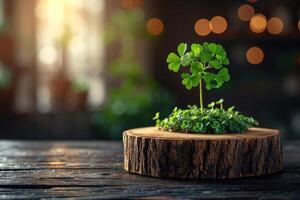 AI generated St. Patrick's Day concept. wooden table in front of shamrock leaf background . Generative Ai. photo