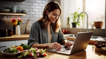 AI generated a woman using a tablet computer to cook in her kitchen Generative AI photo