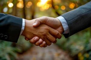 AI generated Successful Business Partnership Two Professionals Shake Hands in a Corporate Environment Generative AI photo