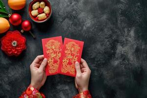 ai generado mano mujer participación con blanco rojo tarjeta. chino nuevo año concepto .generativo ai foto