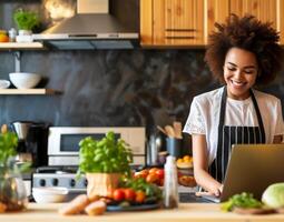 AI generated a woman using a tablet computer to cook in her kitchen Generative AI photo